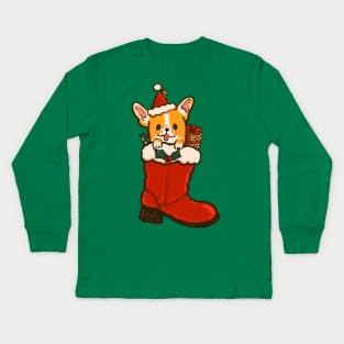 Santa Boot Corgi Kids Long Sleeve T-Shirt